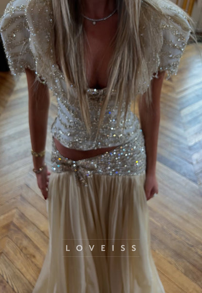 Scoop Short Sleeves Beaded A-Line Evening Dress