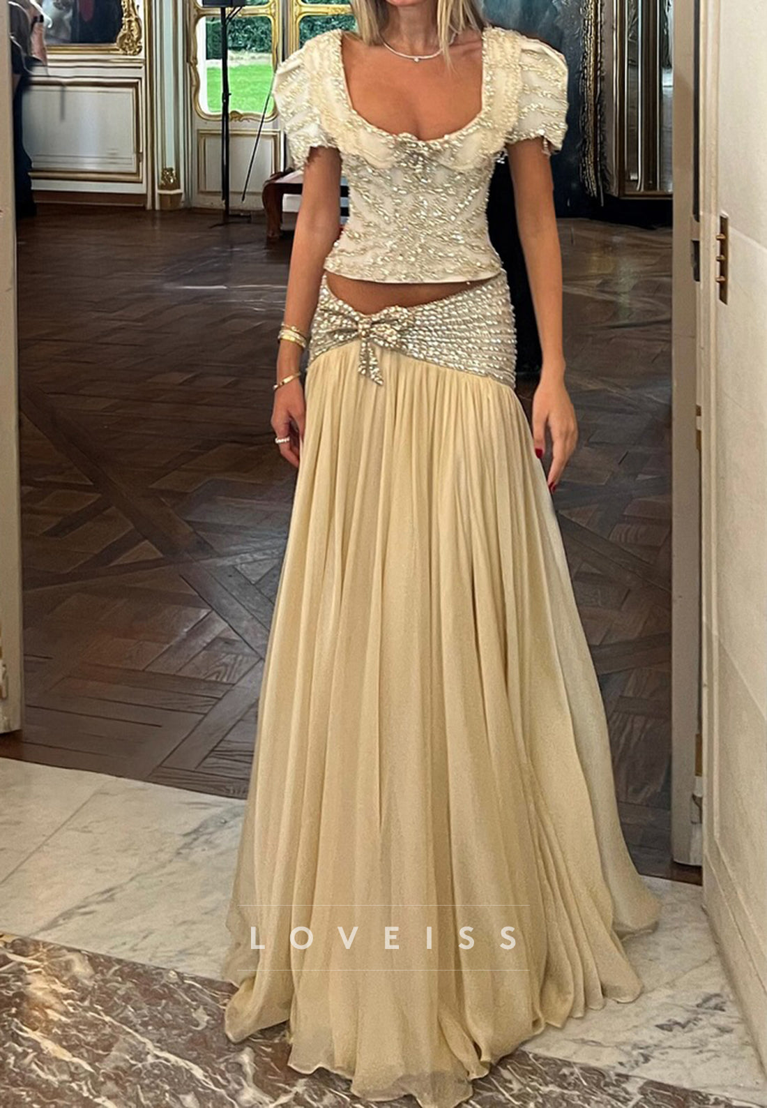 Scoop Short Sleeves Beaded A-Line Evening Dress