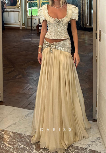 Scoop Short Sleeves Beaded A-Line Evening Dress