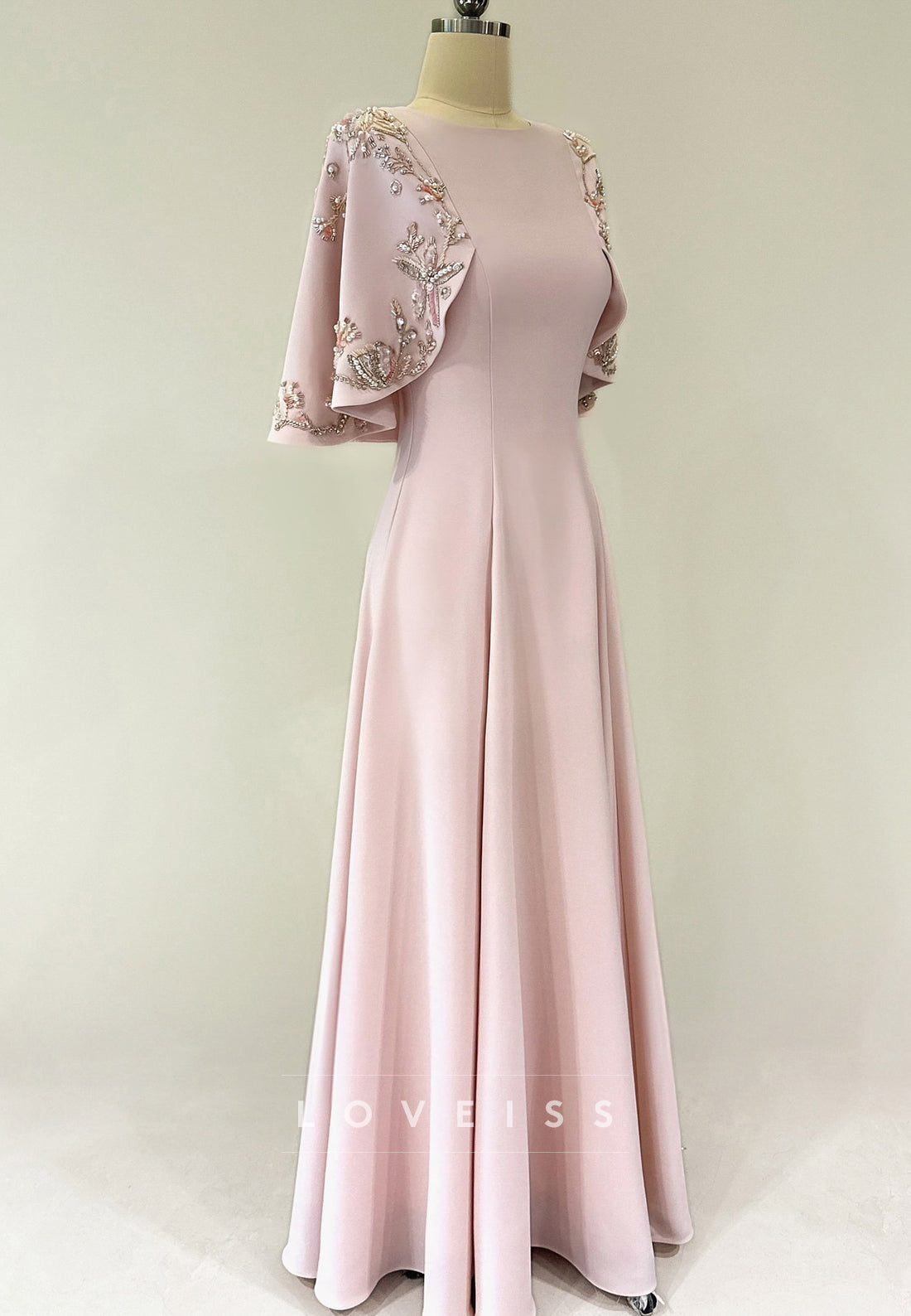 Scoop Short Sleeves Beaded A-Line Mother of Bride Dress