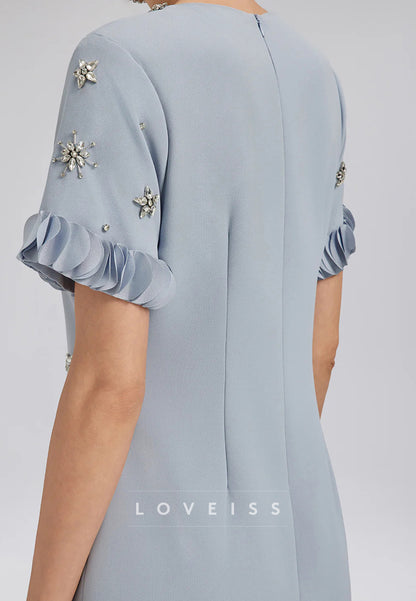 Scoop Short Sleeves Beaded Cocktail Dress A-Line Midi Mother of Bride Dress