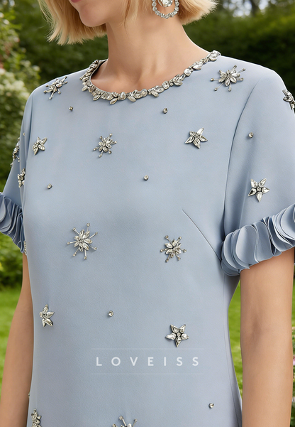 Scoop Short Sleeves Beaded Cocktail Dress A-Line Midi Mother of Bride Dress