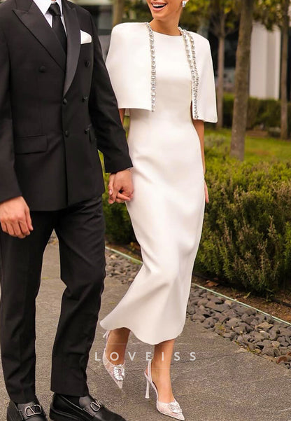 Scoop Short Sleeves Beaded Sheath Satin Midi Wedding Dress