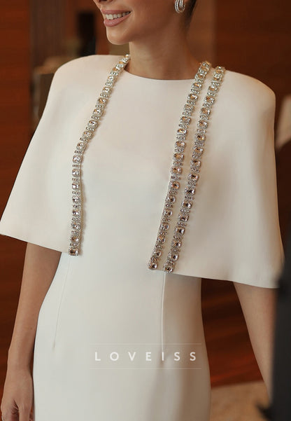 Scoop Short Sleeves Beaded Sheath Satin Midi Wedding Dress