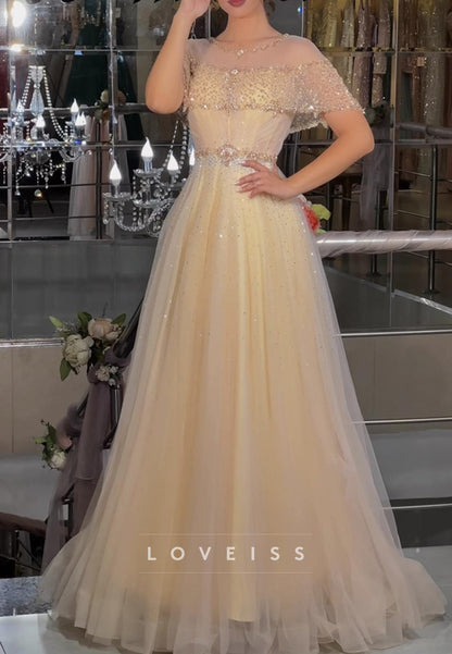 Scoop Short Sleeves Beaded Sparkly A-Line Prom Dress