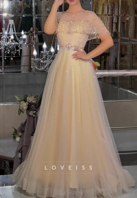 Scoop Short Sleeves Beaded Sparkly A-Line Prom Dress
