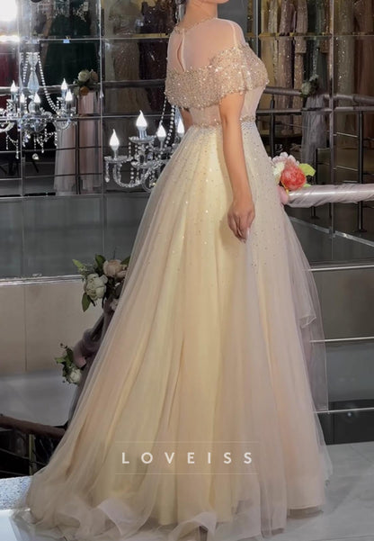 Scoop Short Sleeves Beaded Sparkly A-Line Prom Dress