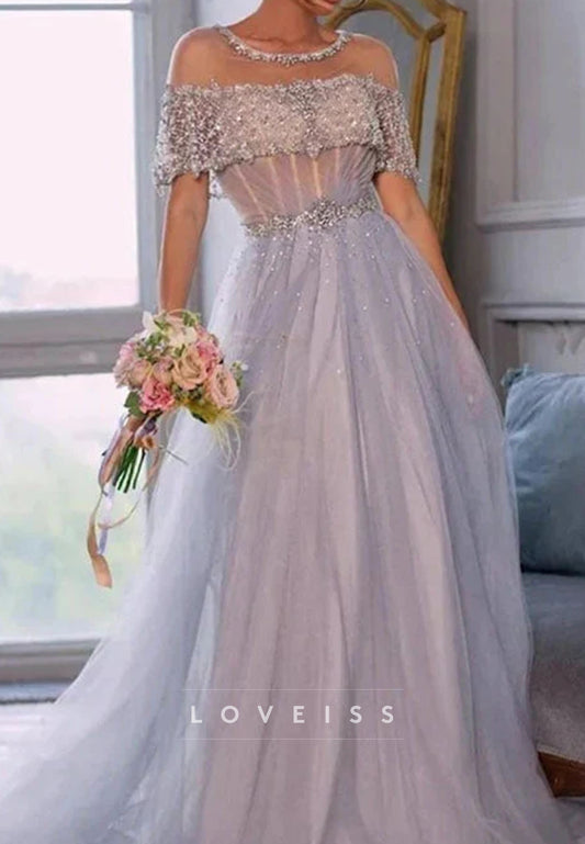 Scoop Short Sleeves Beaded Sparkly Pleated A-Line Prom Dress