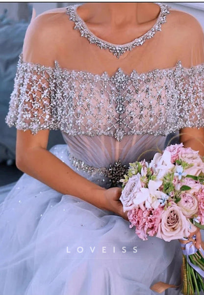 Scoop Short Sleeves Beaded Sparkly Pleated A-Line Prom Dress