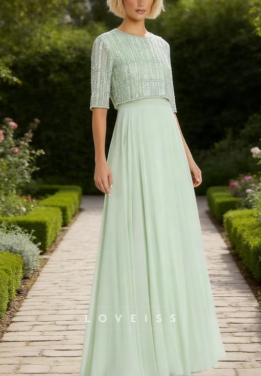 Scoop Short Sleeves Chiffon A-Line Mint Green Mother of Bride Dress