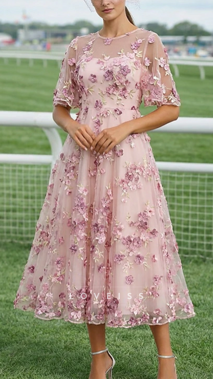 Scoop Short Sleeves Floral Appliques A-Line Mother of Bride Dress