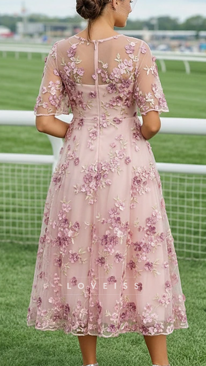 Scoop Short Sleeves Floral Appliques A-Line Mother of Bride Dress