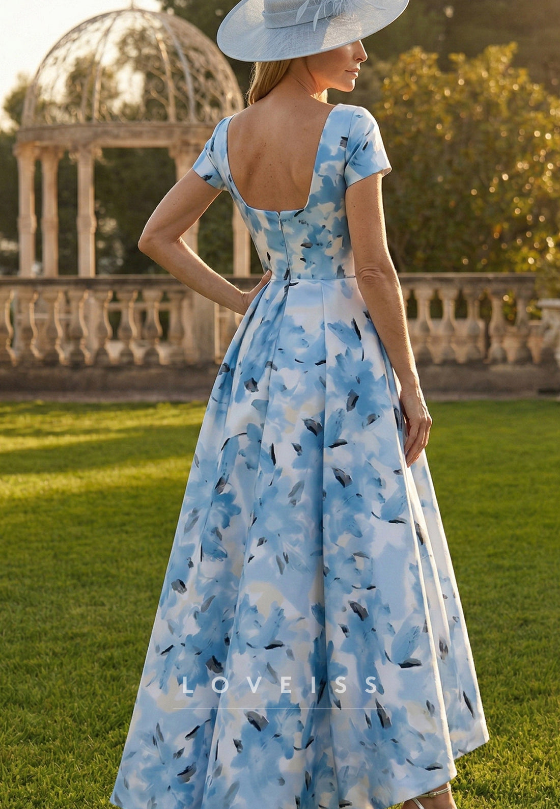 Scoop Short Sleeves Floral Printed A-Line Mother of Bride Dress