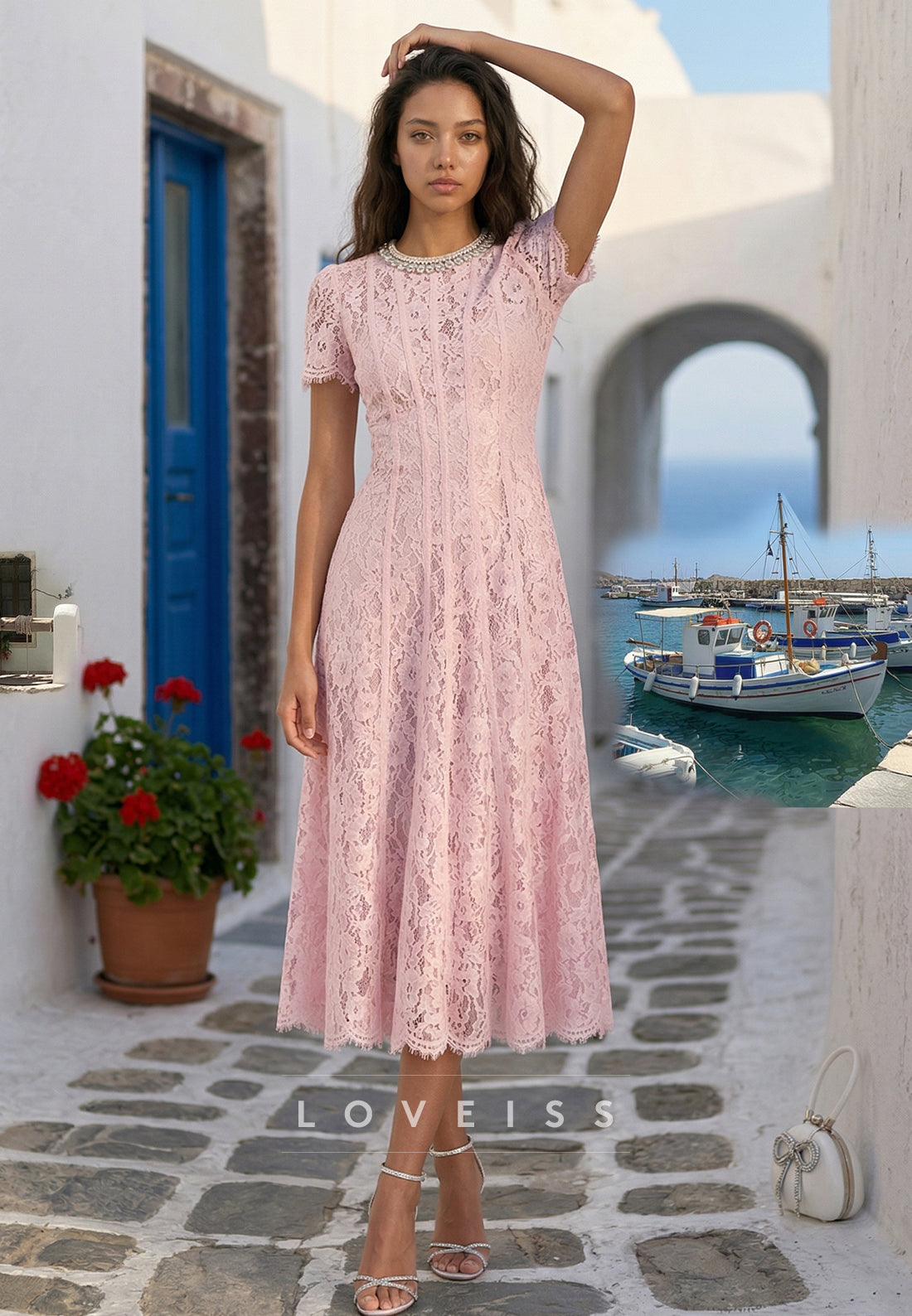 Scoop Short Sleeves Lace Appliques A-Line Wedding Guest Dress