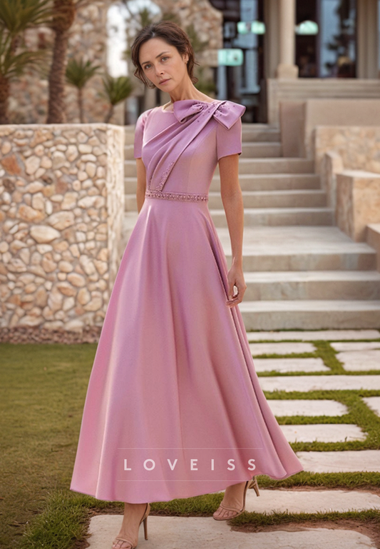 Scoop Short Sleeves Pleated A-Line Mother of Bride Dress