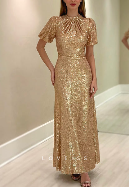 Scoop Short Sleeves Sequins Sparkly A-Line Mother of Bride Dress