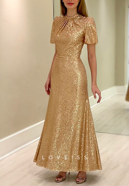 Scoop Short Sleeves Sequins Sparkly A-Line Mother of Bride Dress