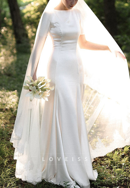 Scoop Short Sleeves Sleek Sheath Simple Wedding Dress