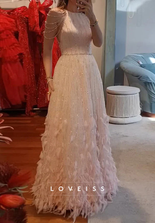 Scoop Sleeveles Beaded Feather Appliques A-Line Evening Dress