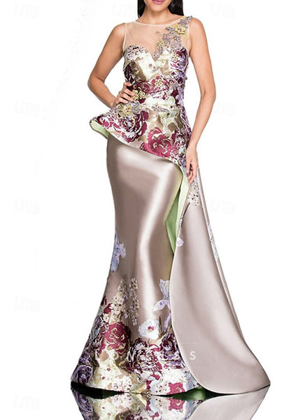 Scoop Sleeveles Floral Printed Mermaid Mother of Bride Dress