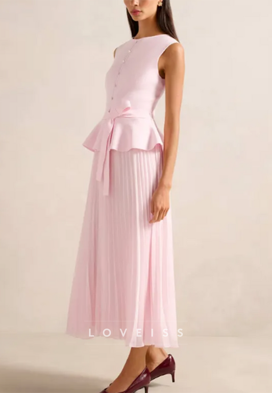Scoop Sleeveles Pleated Bow Wedding Guest Dress