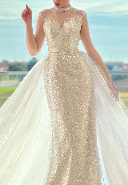 Scoop Sleeveless Beaded Embroidery Sparkly Sheath Wedding Dress
