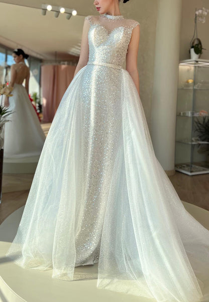 Scoop Sleeveless Beaded Embroidery Sparkly Sheath Wedding Dress