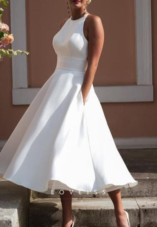 Scoop Sleeveless Lace Appliques A-Line Midi Wedding Dress