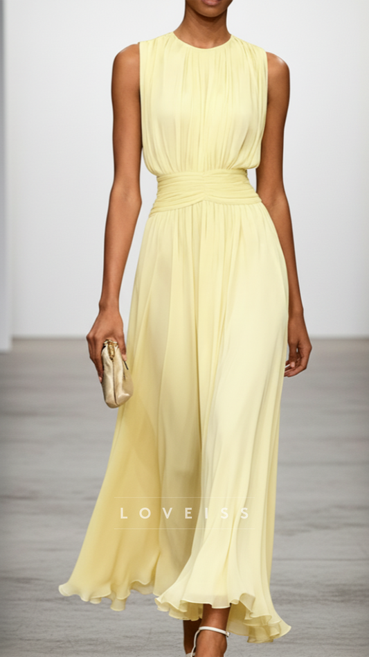 Scoop Sleeveless Pleated Chiffon A-Line  Wedding Guest Dress