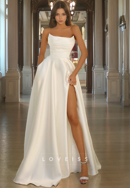 Scoop Sleeveless Pleated High Slit A-Line Prom Dress