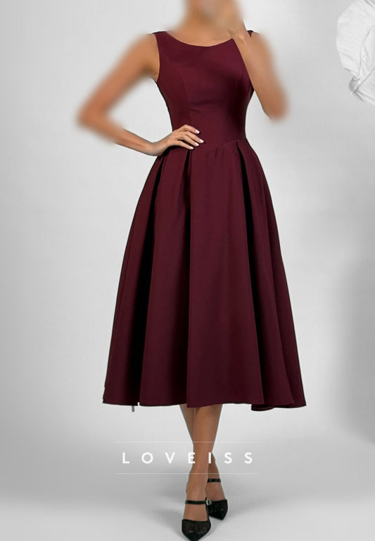 Scoop Sleeveless Simple Satin A-Line Midi Formal Dress