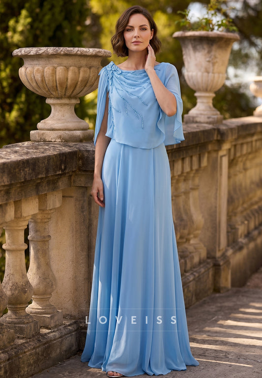 Scoop Sleeves Appliques Chiffon Summer Mother of Bride Dress