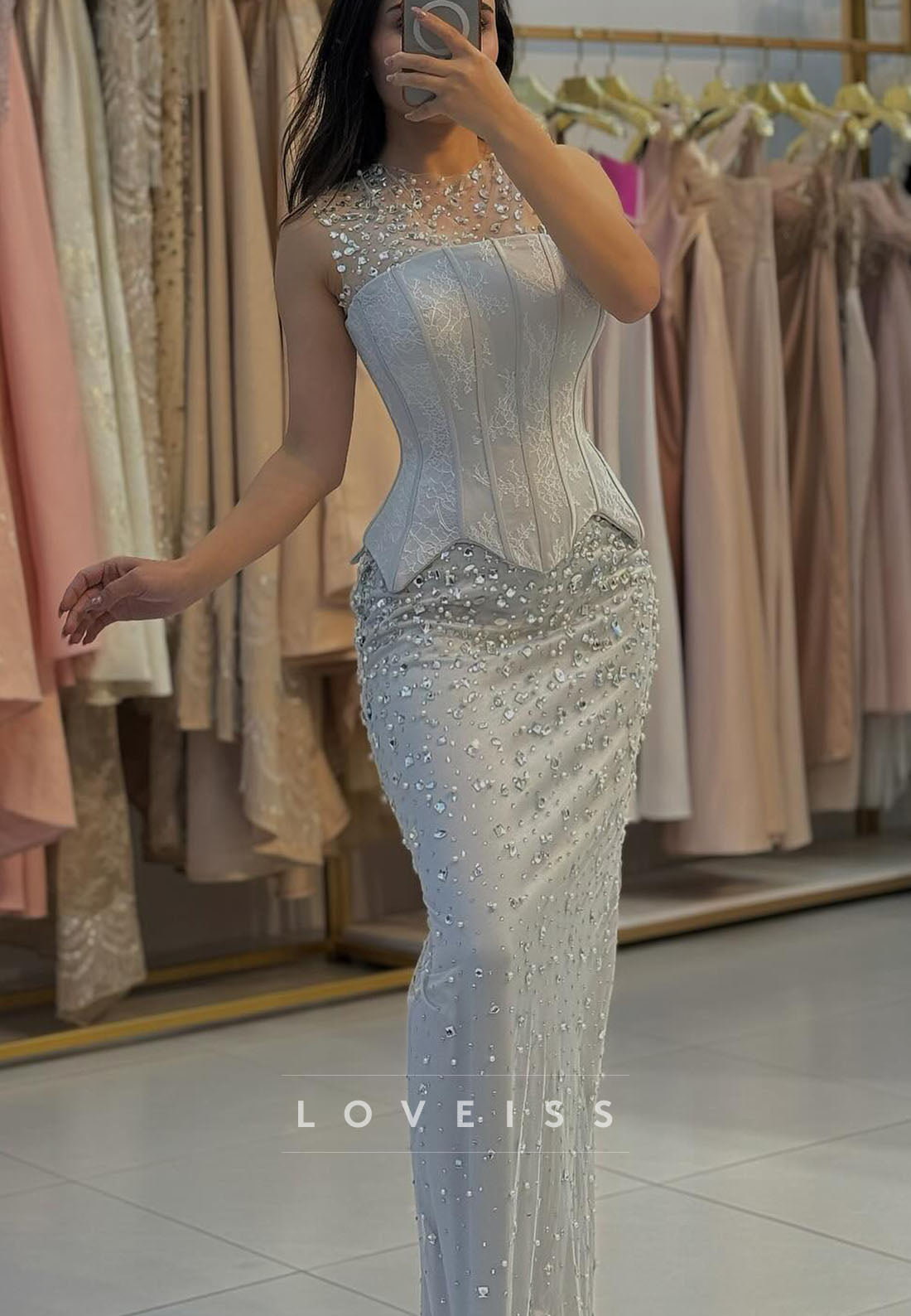 Scoop Sleeves Beaded Sparkly Appliques Mermaid Evening Dress