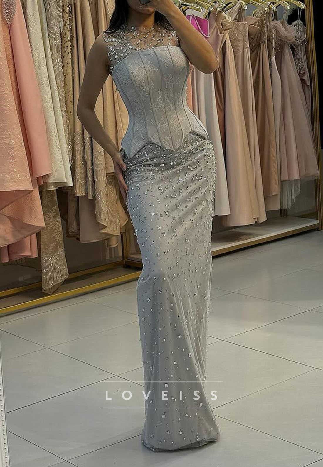 Scoop Sleeves Beaded Sparkly Appliques Mermaid Evening Dress