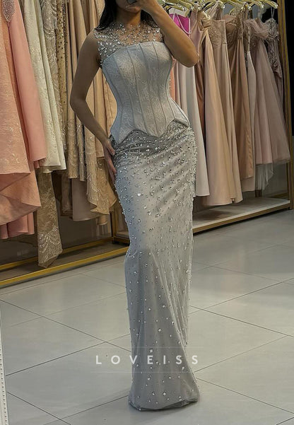 Scoop Sleeves Beaded Sparkly Appliques Mermaid Evening Dress