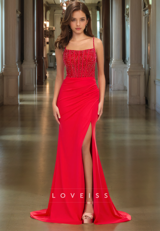 Scoop Spaghetti Straps Appliques Beaded Ruched Sheath Prom Dress