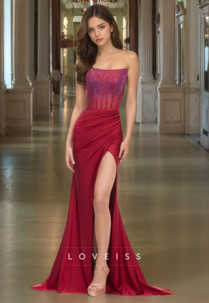 Scoop Spaghetti Straps Appliques Beaded Ruched Sheath Prom Dress