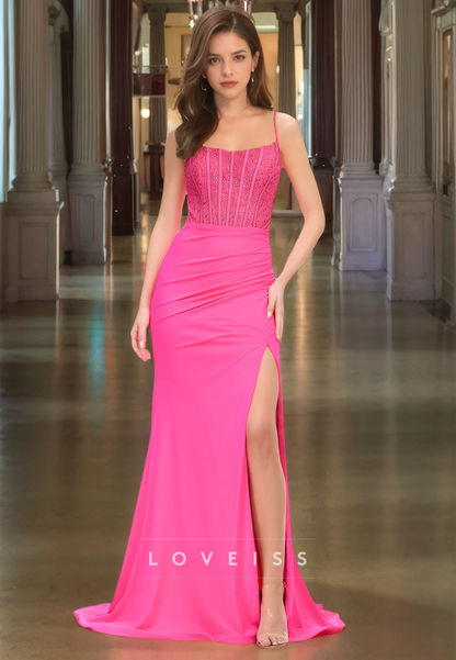 Scoop Spaghetti Straps Appliques Beaded Ruched Sheath Prom Dress