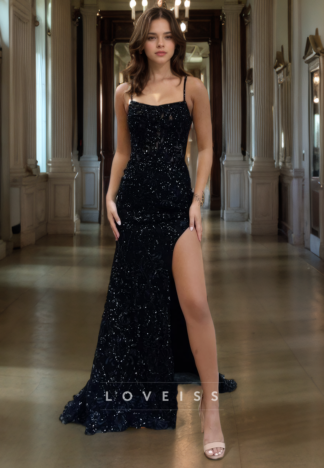 Scoop Spaghetti Straps Appliques High Slit Prom Dress