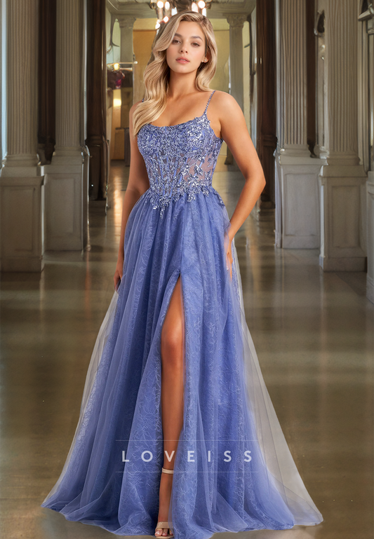 Scoop Spaghetti Straps Appliques Pleated A-Line Prom Dress