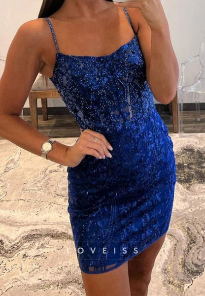 Scoop Spaghetti Straps Appliques Sheath Party Homecoming Dress