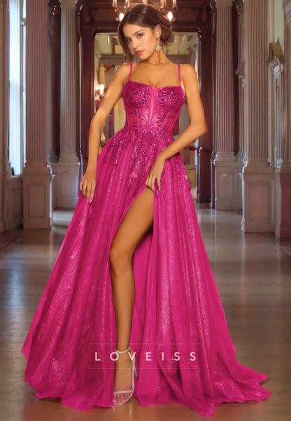 Scoop Spaghetti Straps Appliques Sparkly A-Line Prom Dress