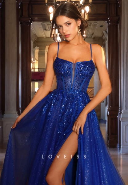 Scoop Spaghetti Straps Appliques Sparkly A-Line Prom Dress