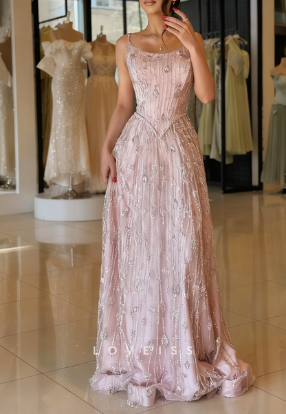 Scoop Spaghetti Straps Beaded Embroidery A-Line Prom Dress