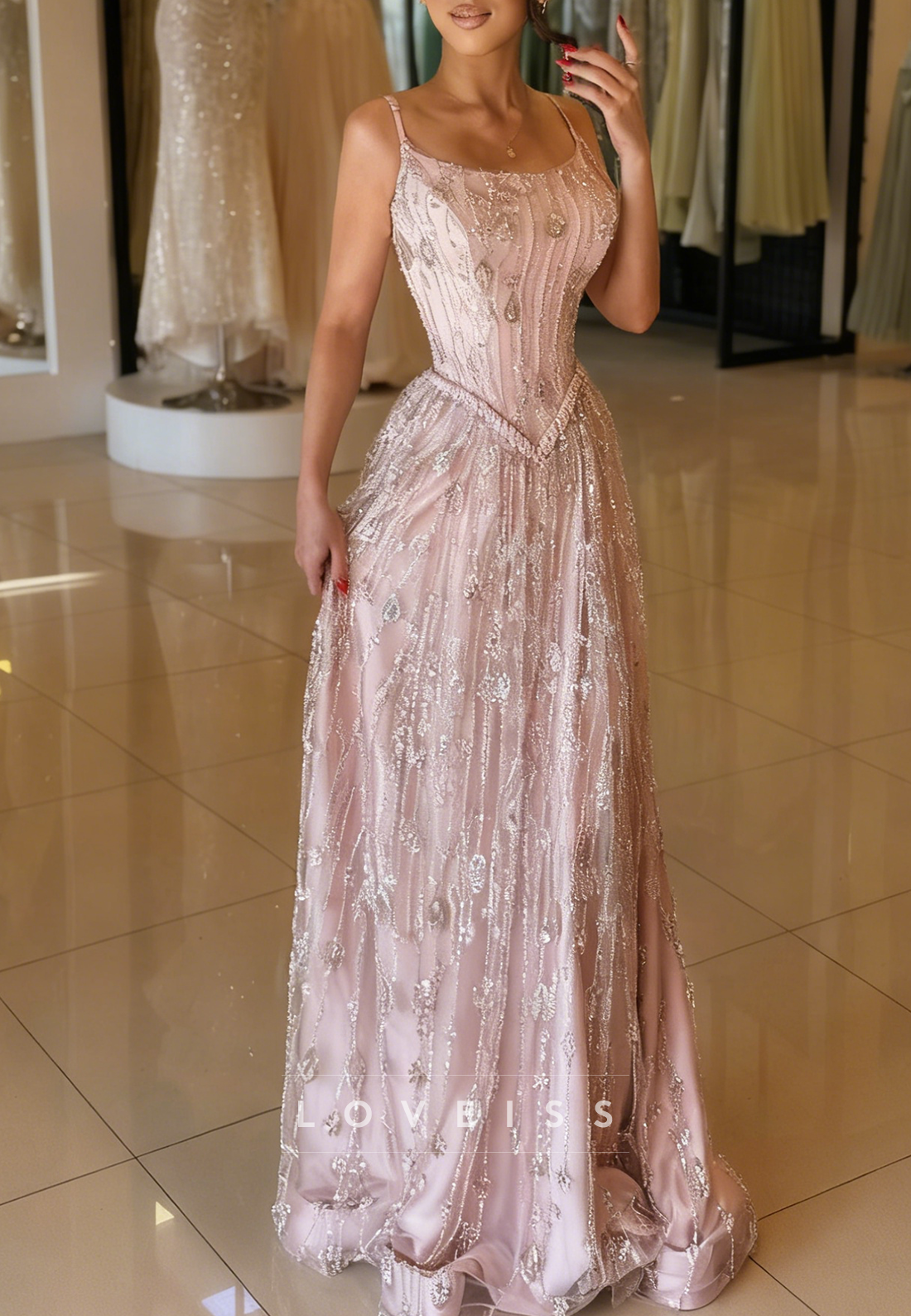 Scoop Spaghetti Straps Beaded Embroidery A-Line Prom Dress