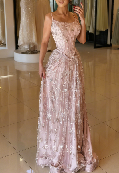 Scoop Spaghetti Straps Beaded Embroidery A-Line Prom Dress