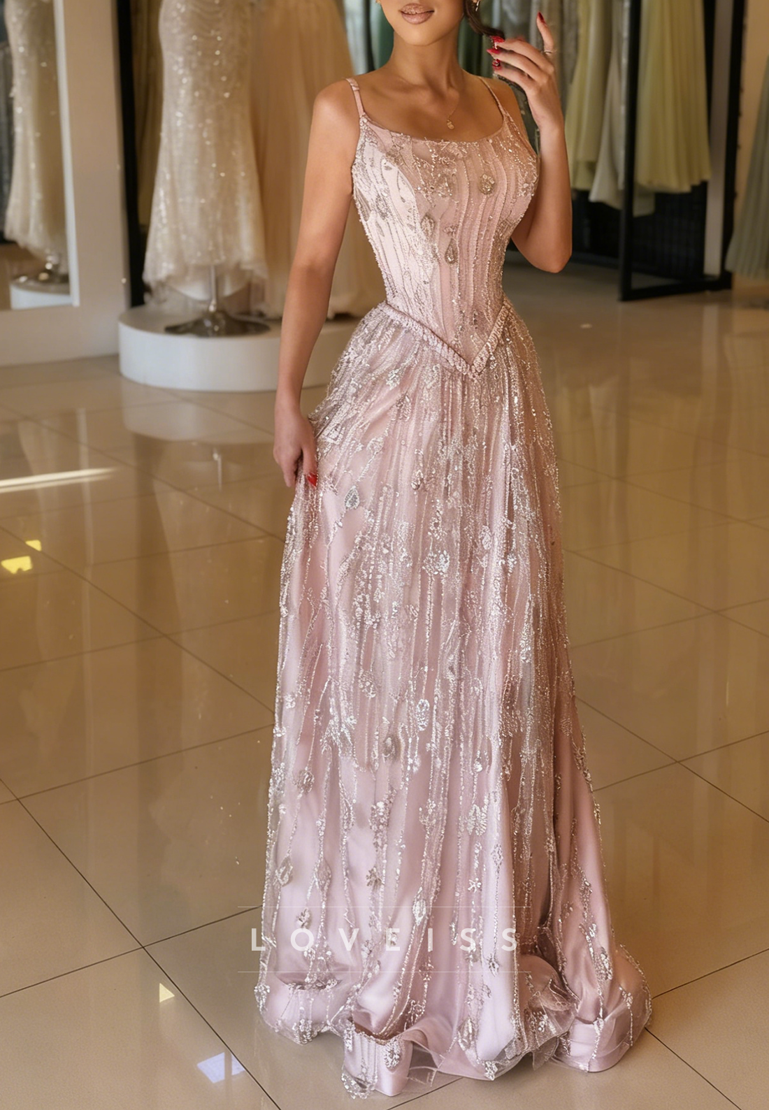 Scoop Spaghetti Straps Beaded Embroidery A-Line Prom Dress