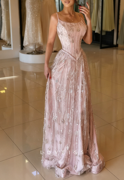 Scoop Spaghetti Straps Beaded Embroidery A-Line Prom Dress