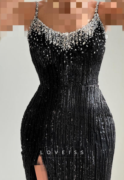 Scoop Spaghetti Straps Beaded Embroidery Sparkly Sheath Prom Dress