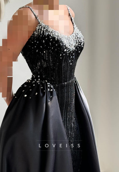 Scoop Spaghetti Straps Beaded Embroidery Sparkly Sheath Prom Dress